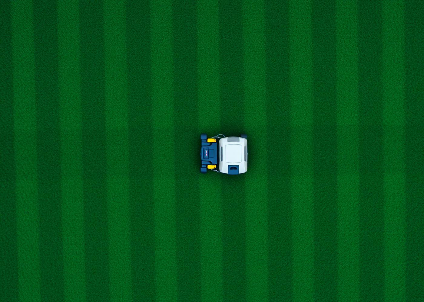 Overhead view of a striped lawn mowed by the Pilot